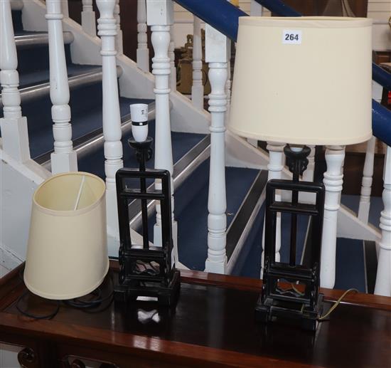 A pair of Chinese hongmu bedside lamps, late 19th/early 20th century, converted to electricity